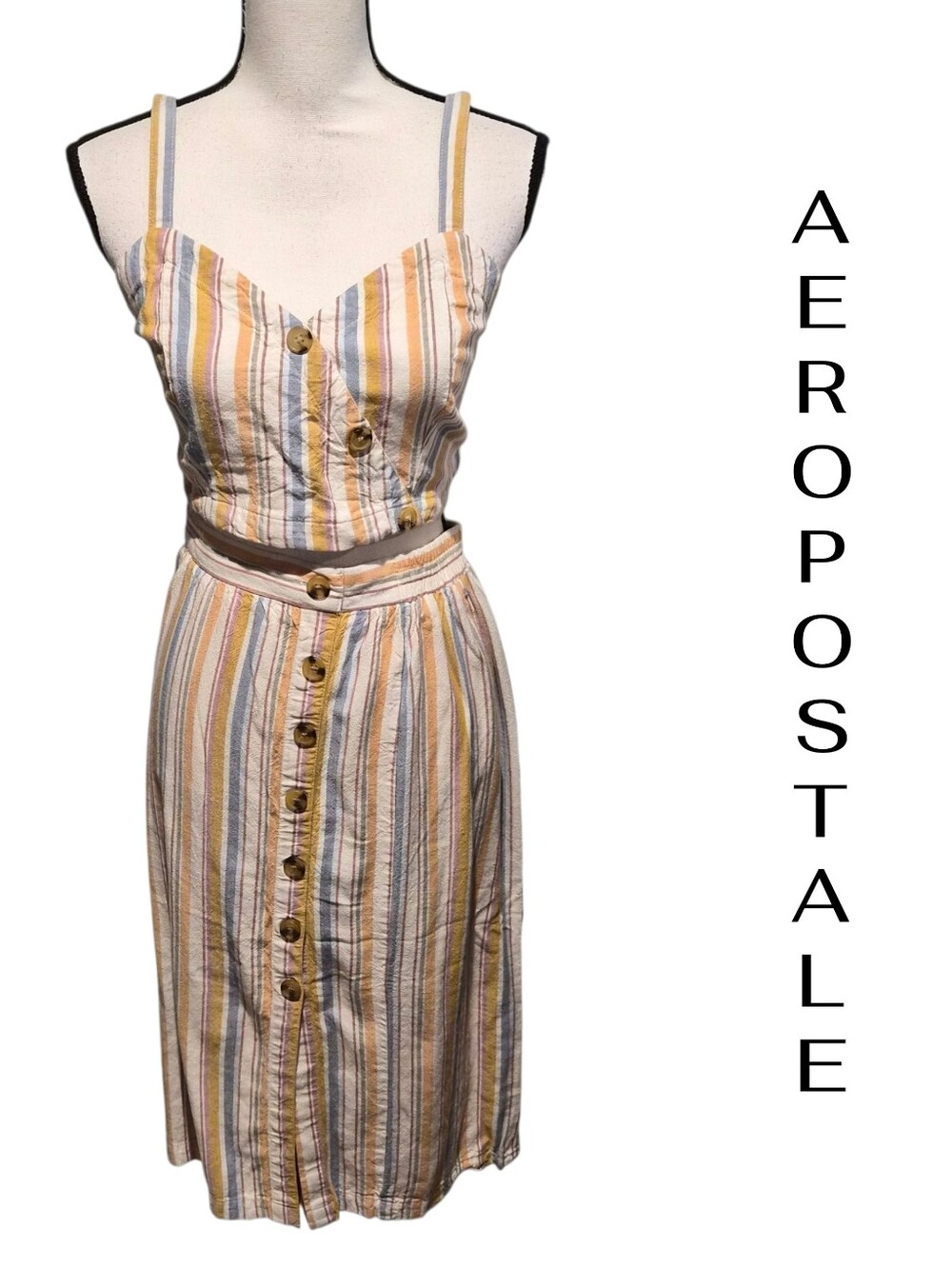 Aeropostale Yellow Multi-Stripe Midi Button Skirt 2 Pc Set Size Medium